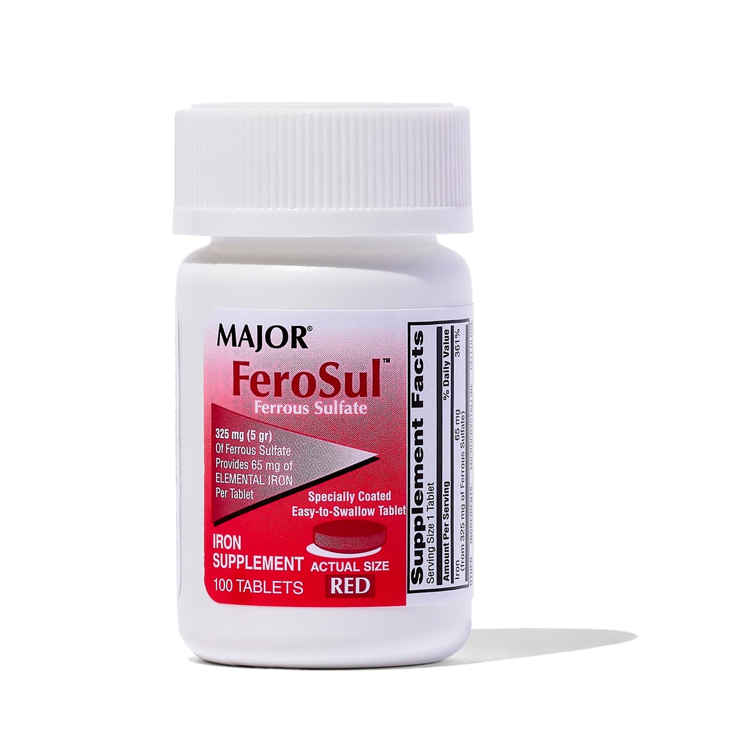 Major Ferosul Ferrous Sulate – 65mg Elemental Iron, 100 Red Tablets, Pack of 1