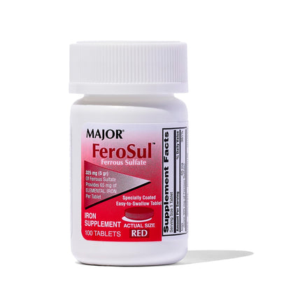 Major Ferosul Ferrous Sulate – 65mg Elemental Iron, 100 Red Tablets, Pack of 1