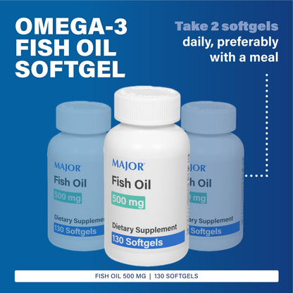 Major Fish Oil 500mg Softgels – Omega-3 Dietary Supplement (130 Count, 2 Pack)