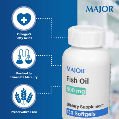 Major Fish Oil 500mg Softgels – Omega-3 Dietary Supplement (130 Count, 2 Pack)