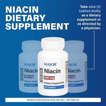 Major Niacin 500mg - Dietary Supplement | 100 Tablets