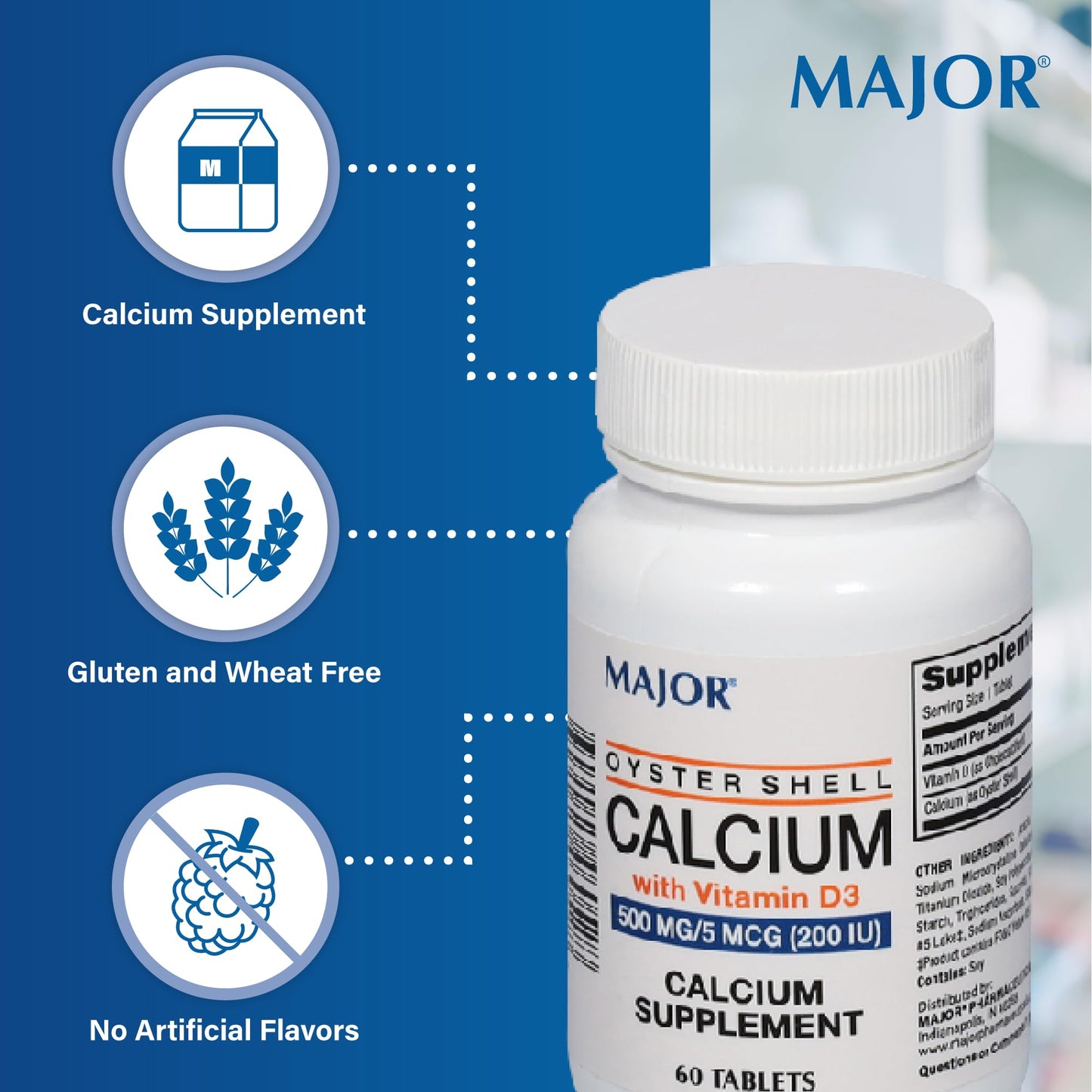 Major Oyster Shell Calcium with Vitamin D3 500 mg / 200 IU – 60 Tablets