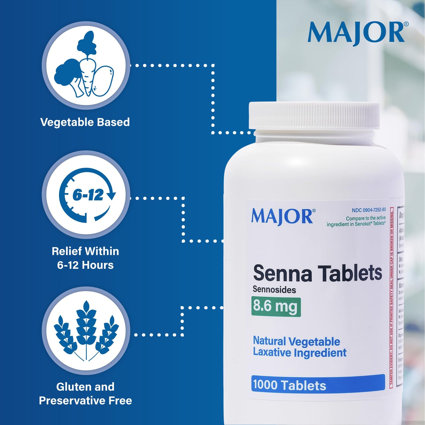 MAJOR Senna 8.6 mg Natural Vegetable Laxative Tablets - 1000-Count (3-Pack)