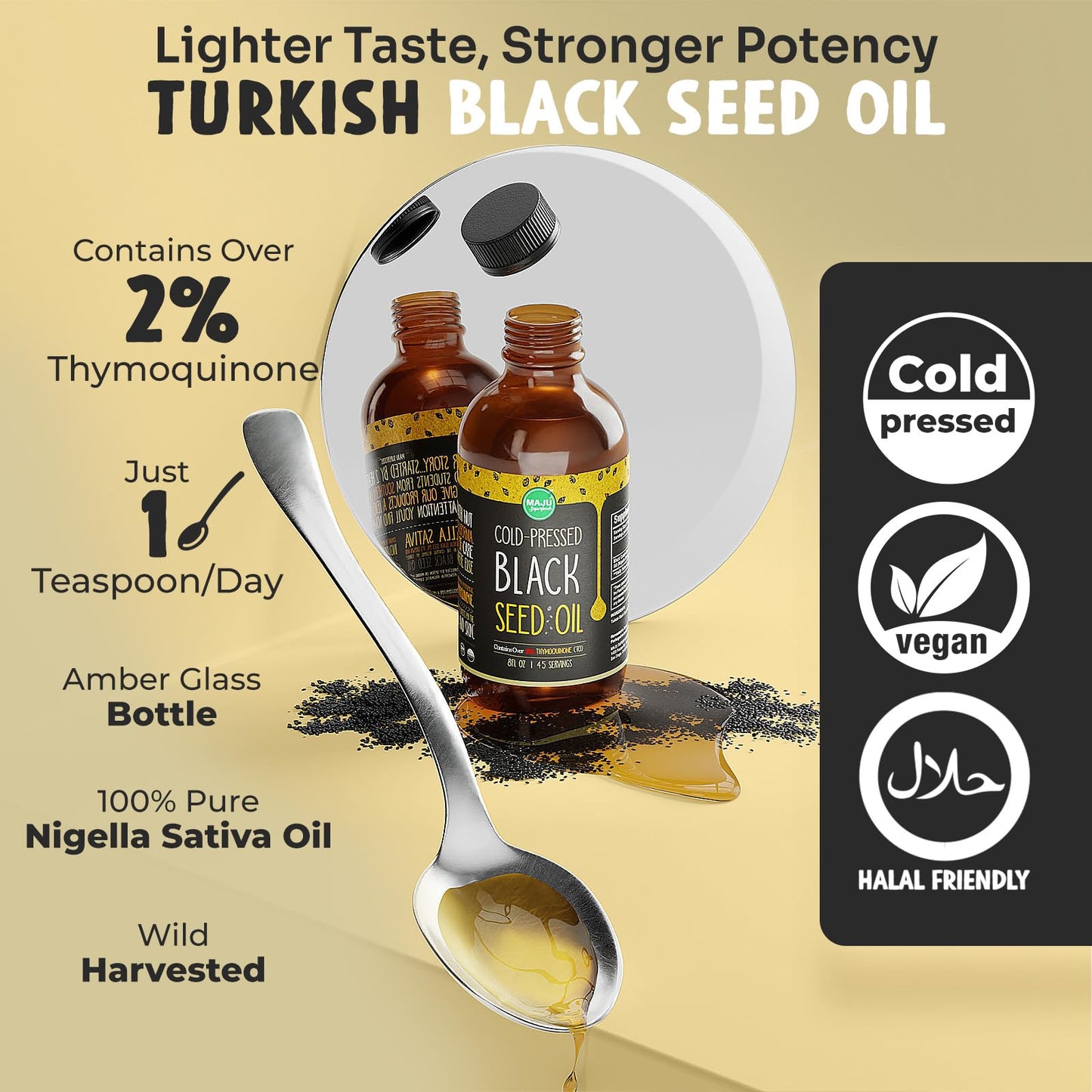 MAJU Black Seed Oil 8 oz – Cold-Pressed Turkish Black Cumin, 3x Thymoquinone, Liquid Pure Blackseed Oil