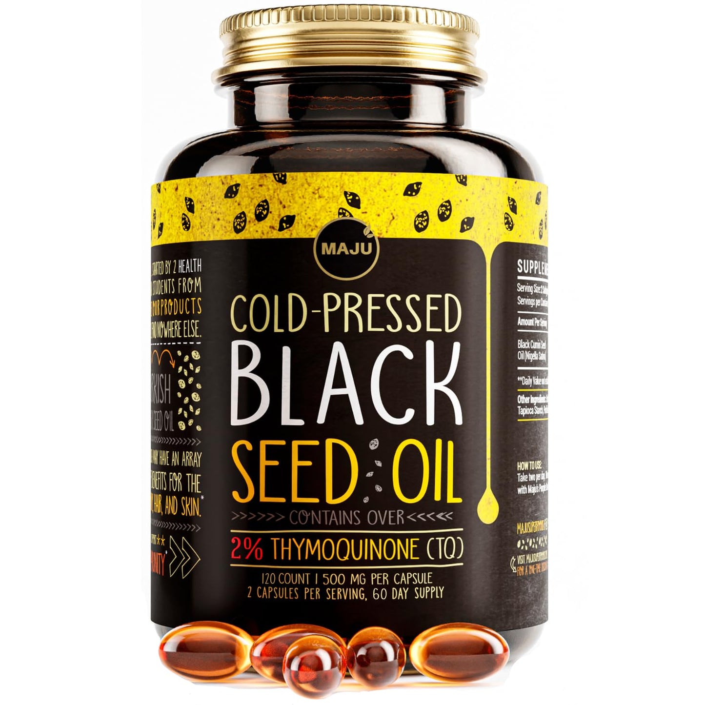 Maju Superfoods Black Seed Oil Capsules – 2% Thymoquinone, 120x500mg, Cold-Pressed Turkish Nigella Sativa (2-Pack)