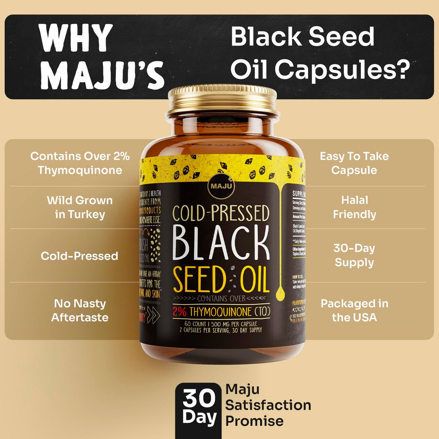 Maju Black Seed Oil Capsules – Cold Pressed Turkish Nigella Sativa, 500mg, 60 Count