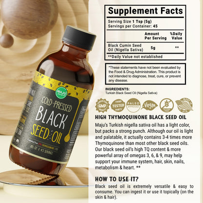 MAJU Black Seed Oil 8 oz – Cold-Pressed Turkish Black Cumin, 3x Thymoquinone, Liquid Pure Blackseed Oil