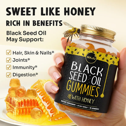 MAJU Black Seed Oil Gummies with Honey – 90ct, 500mg BSO | Cold-Pressed Nigella Sativa