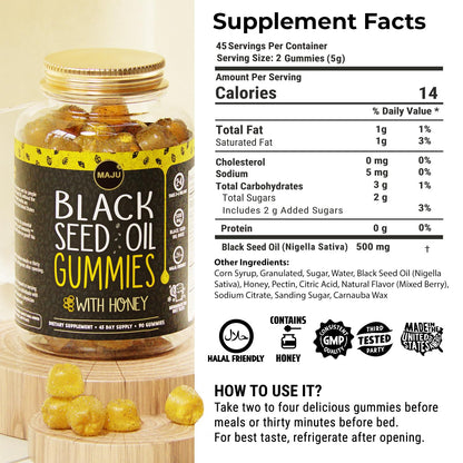 MAJU Black Seed Oil Gummies with Honey – 90ct, 500mg BSO | Cold-Pressed Nigella Sativa