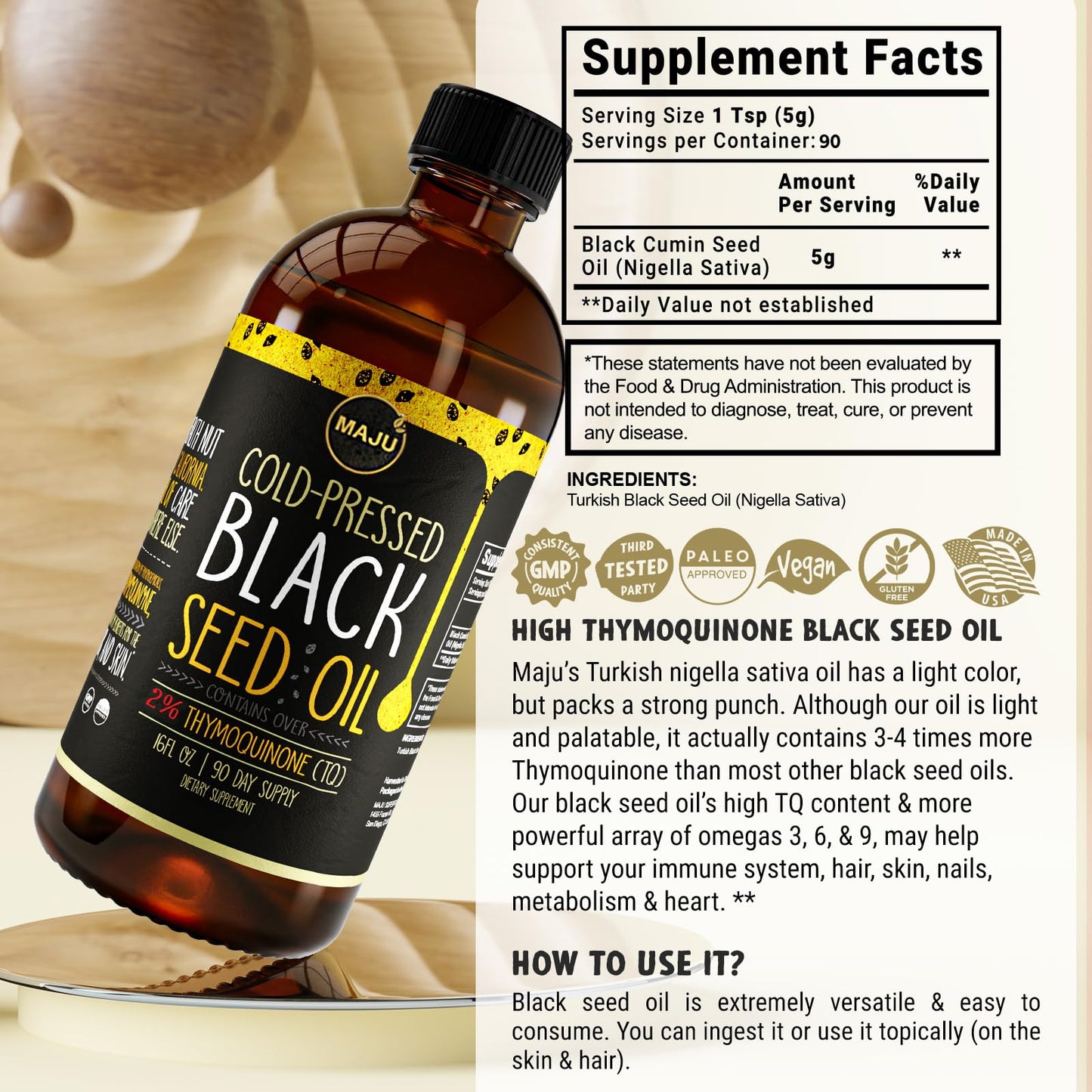 MAJU Black Seed Oil 16oz – 3X Thymoquinone, Cold-Pressed Turkish Nigella Sativa