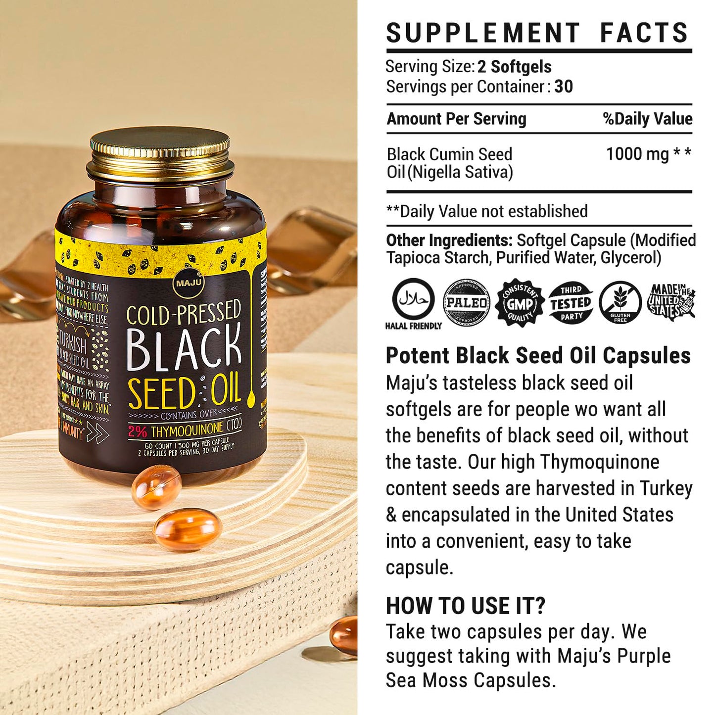 Maju Black Seed Oil Capsules – Cold Pressed Turkish Nigella Sativa, 500mg, 60 Count