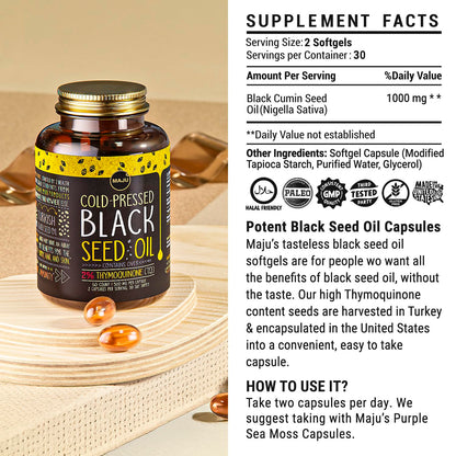 Maju Black Seed Oil Capsules – Cold Pressed Turkish Nigella Sativa, 500mg, 60 Count