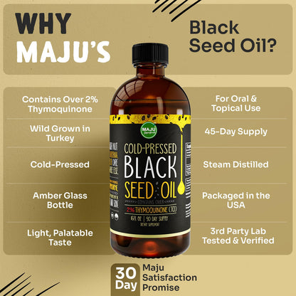 MAJU Black Seed Oil 16oz – 3X Thymoquinone, Cold-Pressed Turkish Nigella Sativa