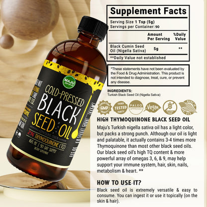 MAJU Black Seed Oil 16oz – 3X Thymoquinone, Cold-Pressed Turkish Nigella Sativa
