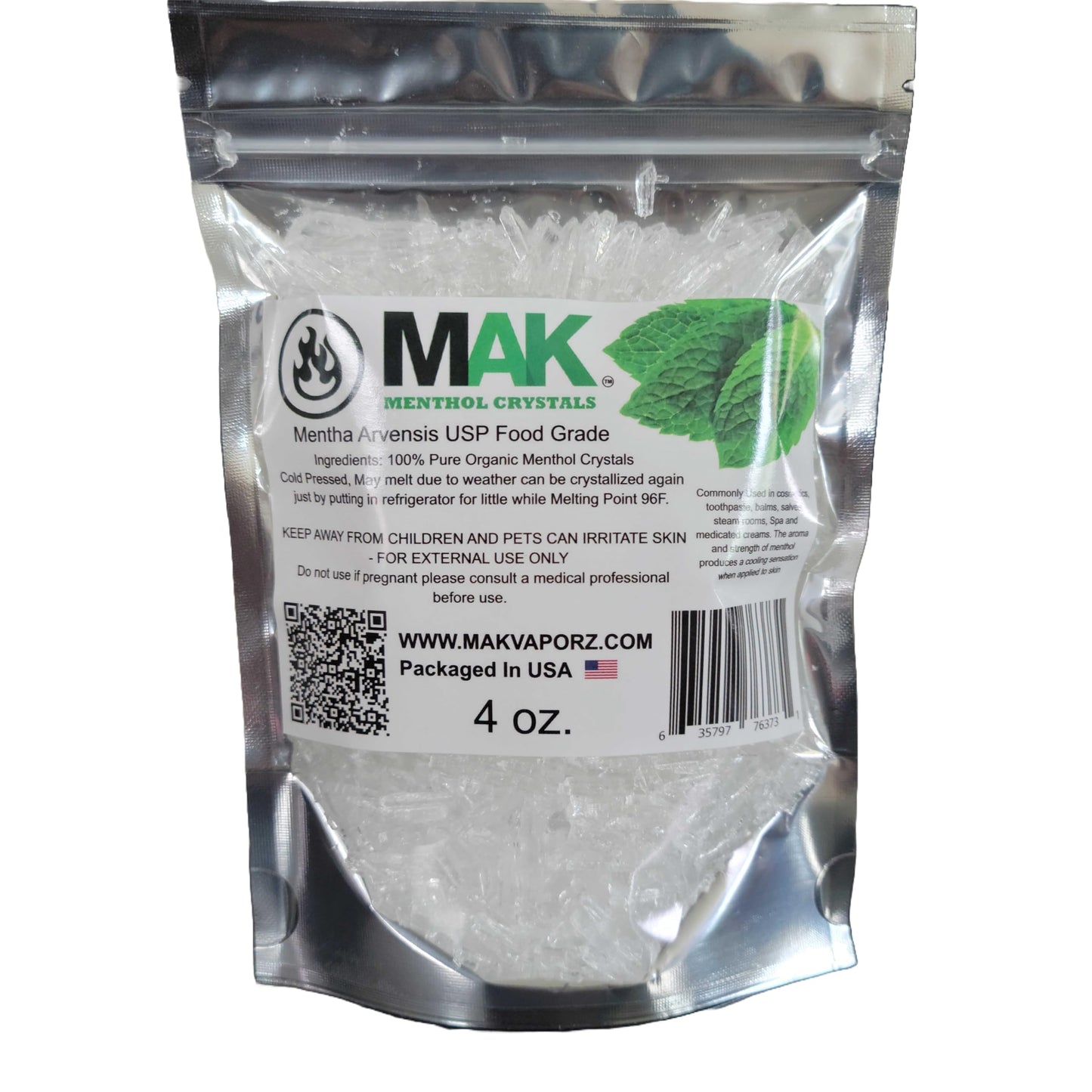 Mak Menthol Crystal 4 oz – Pure Organic Menthol Crystals (Mentha Arvensis) – Resealable Bag