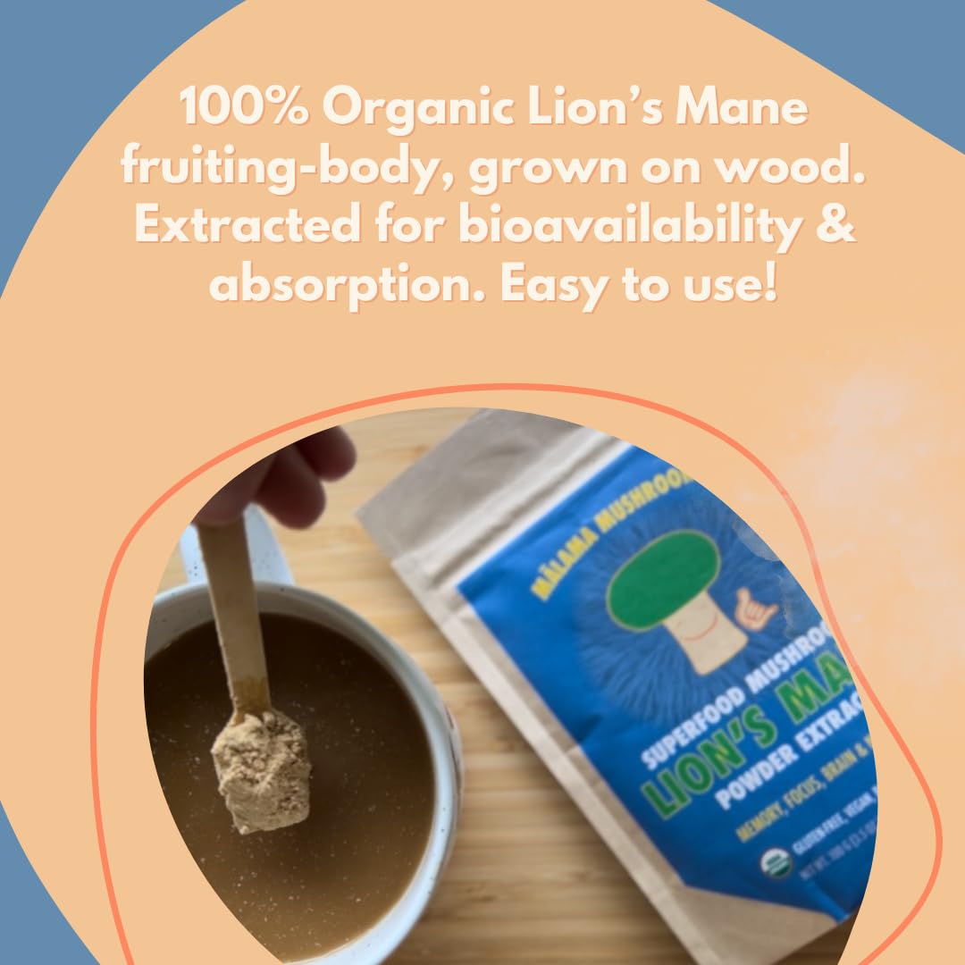 Lion's Mane Extract Powder by Malama - Organic Fruiting Body Mushroom, Focus & Memory