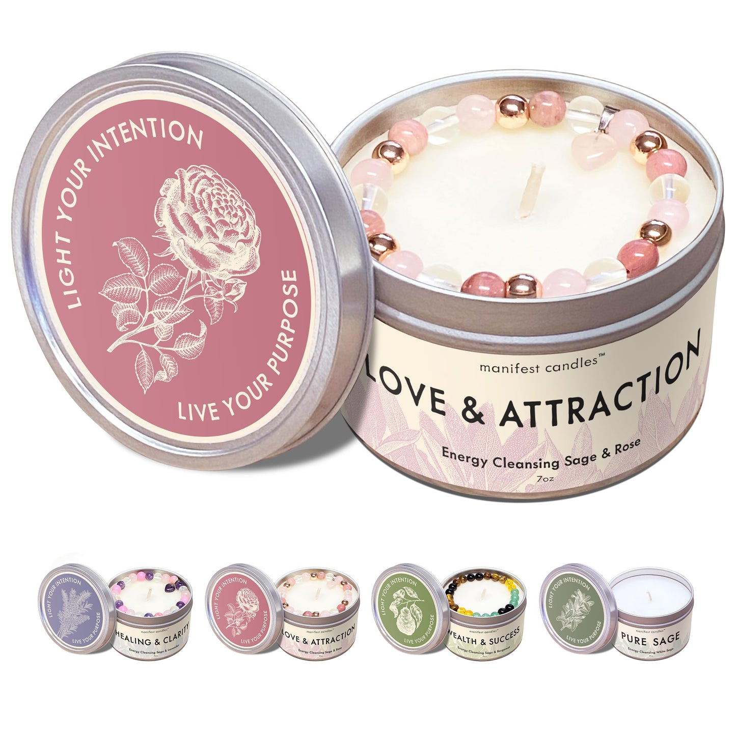 Manifest Candles Love Candle - 7oz Sage & Rose, 50+ Hour Burn