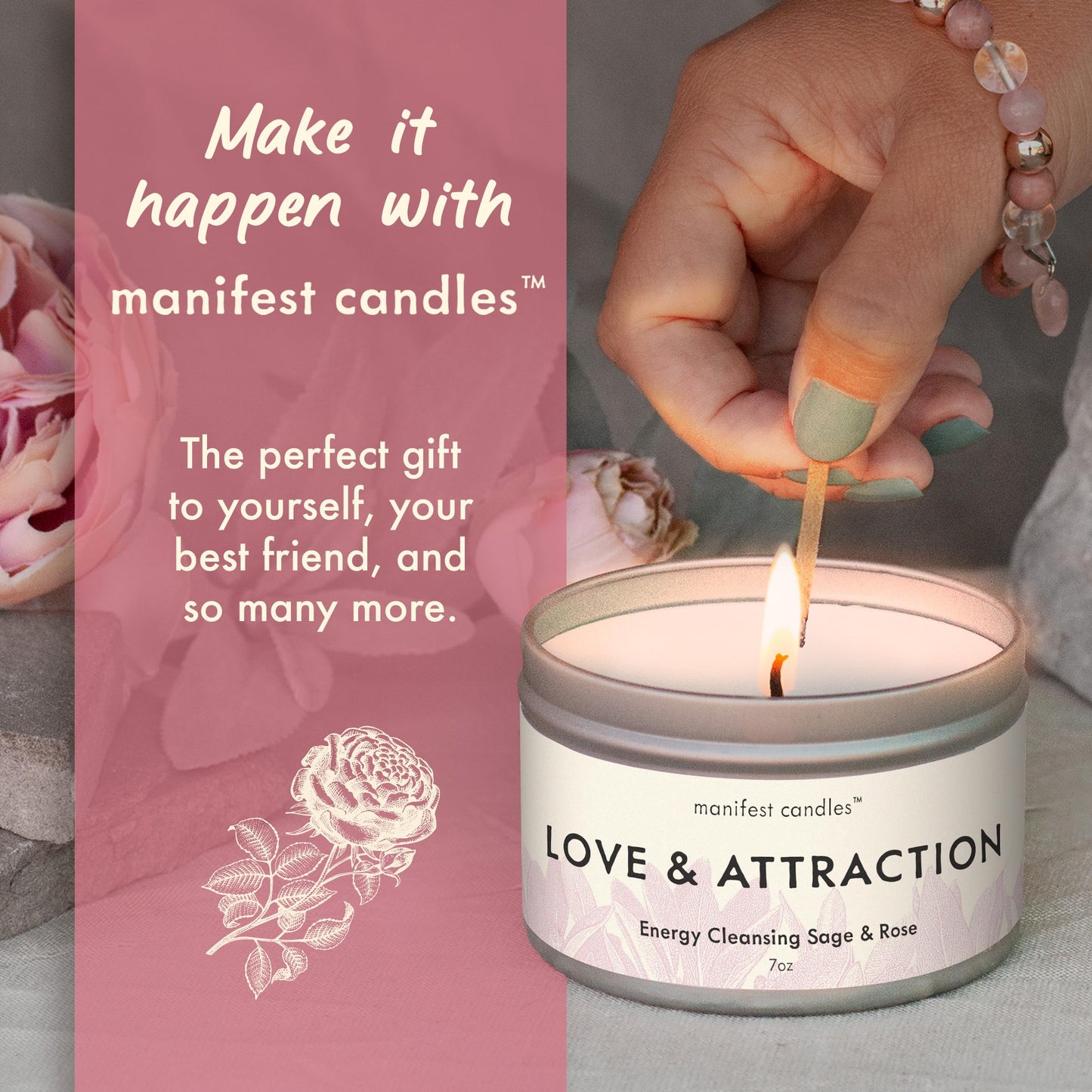 Manifest Candles Love Candle - 7oz Sage & Rose, 50+ Hour Burn
