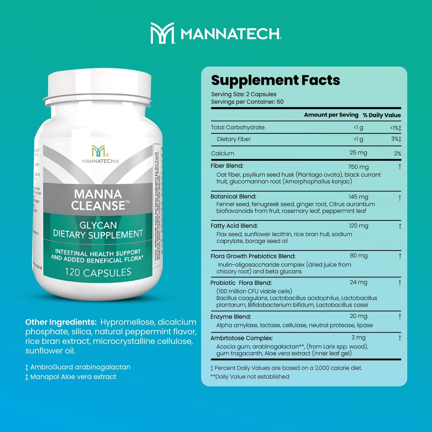 Mannatech Digestive Enzymes & Probiotics - Ambrotose Aloe Vera Power | MannaCleanse 120 Capsules