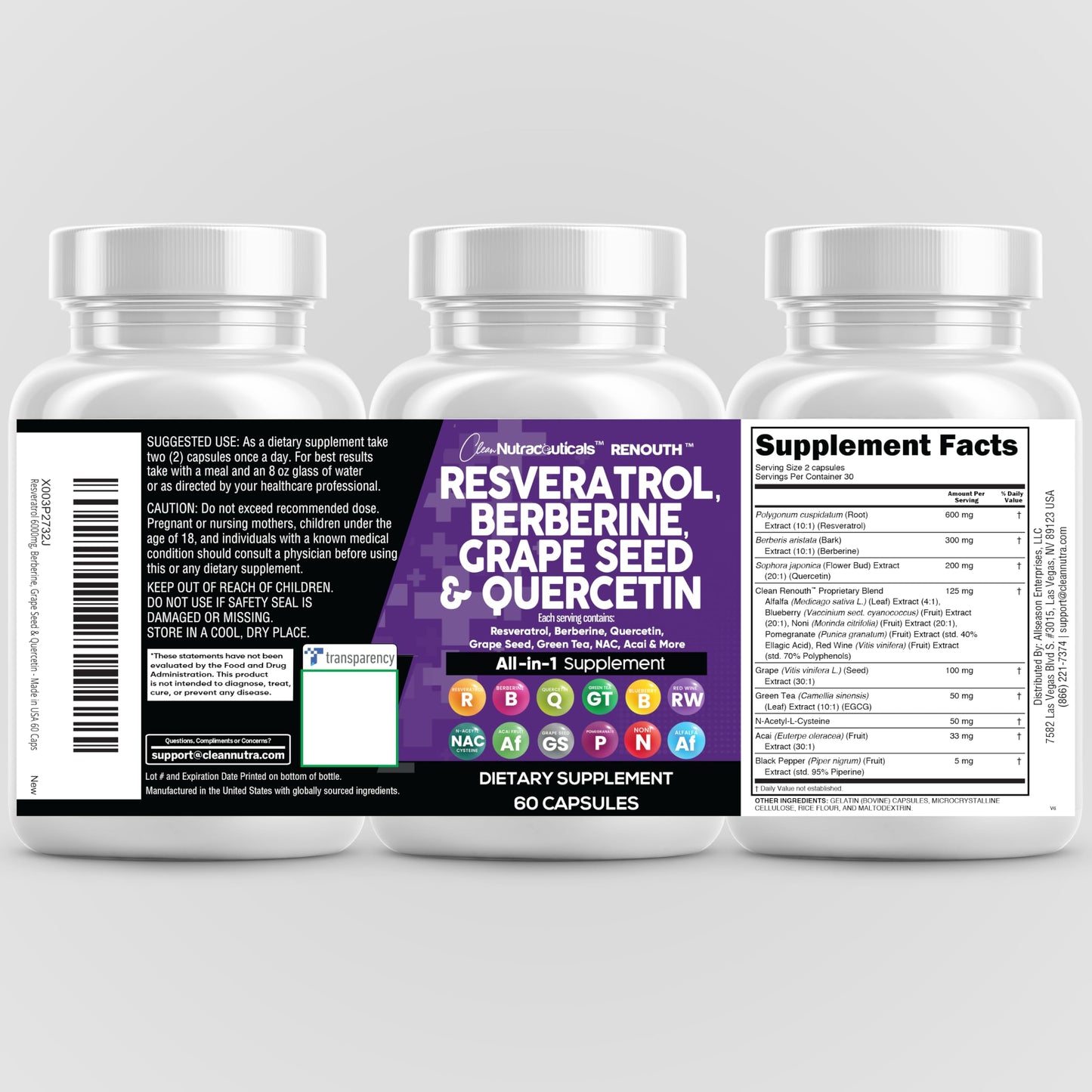 Clean Resveratrol Supplement with Berberine, Grape Seed & Quercetin