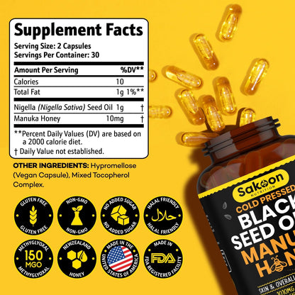 Black Seed Oil Capsules with New Zealand Manuka Honey – 1010mg per Serving, 2% Thymoquinone, Immune & Digestive Support, Made in USA, 60 Count