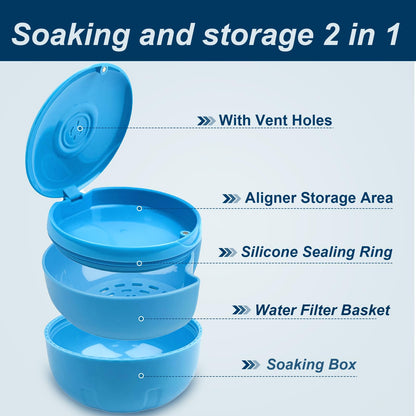 Maoerdental Retainer Cleaner Case - Double Layer, No-Leak Denture Bath (Blue)