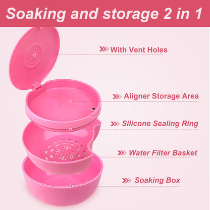 Maoerdental Retainer Cleaner Case – Double Layer No-Leak Denture Cup (Pink)