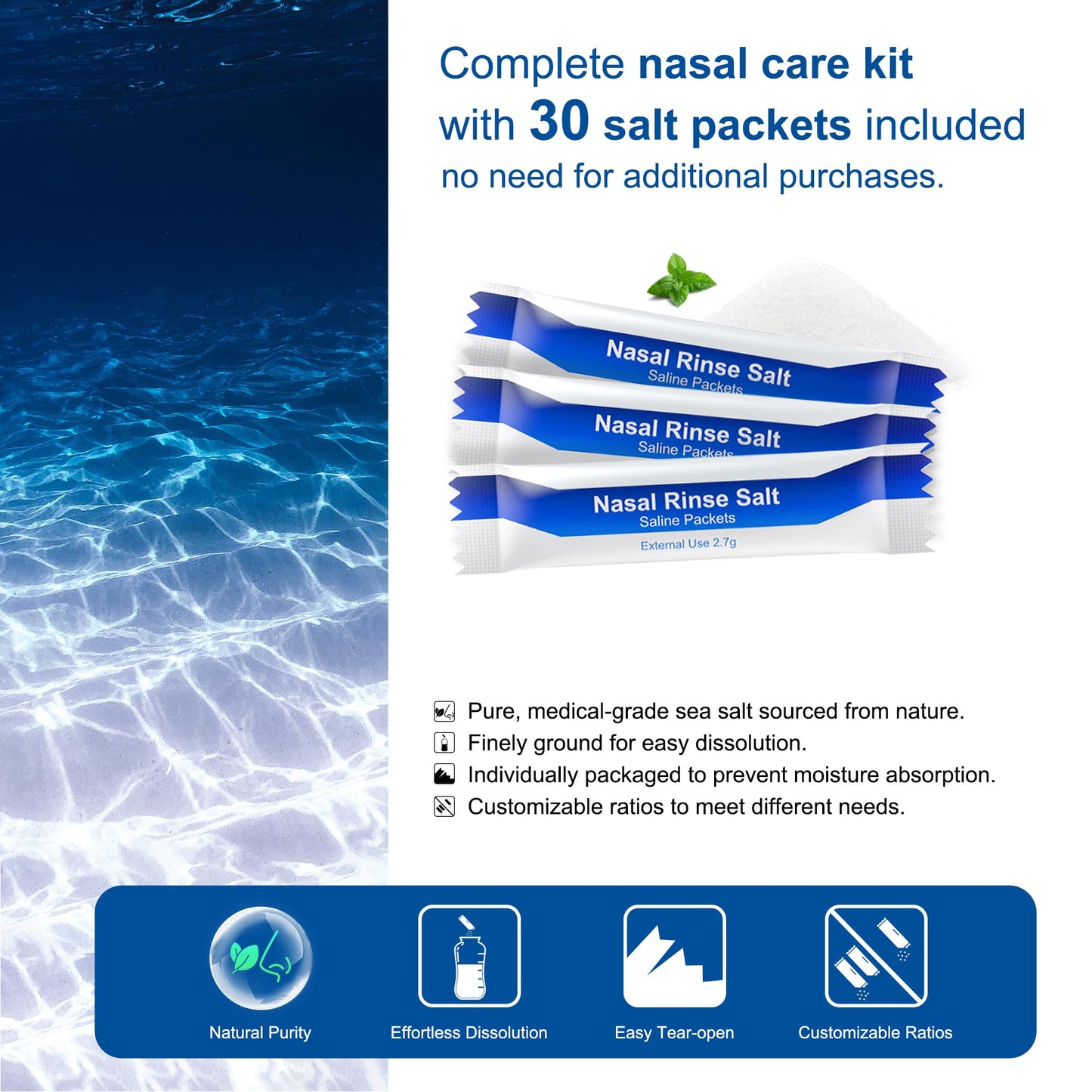 MAOEVER Neti Pot 300ml Sinus Rinse Bottle with 30 Saline Packets - BPA-Free, Anti-Backflow