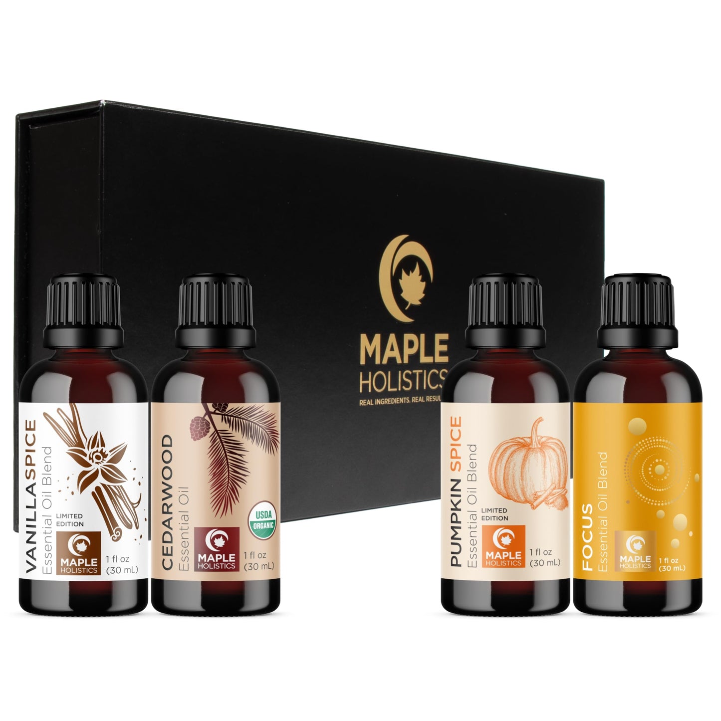 Maple Holistics Fall Essential Oils Set for Diffuser - 4x30mL Pumpkin Spice, Cedarwood, Vanilla Spice & Focus