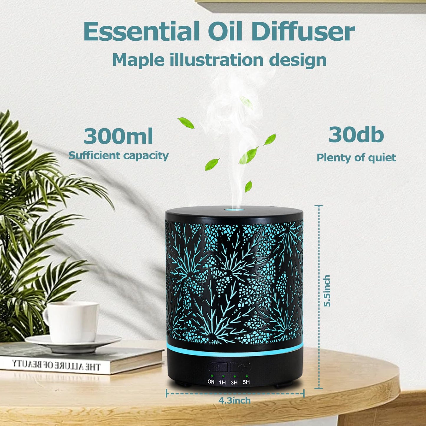 Maple Leaf Essential Oil Diffuser – 300ML Ultrasonic with Auto Shut-Off