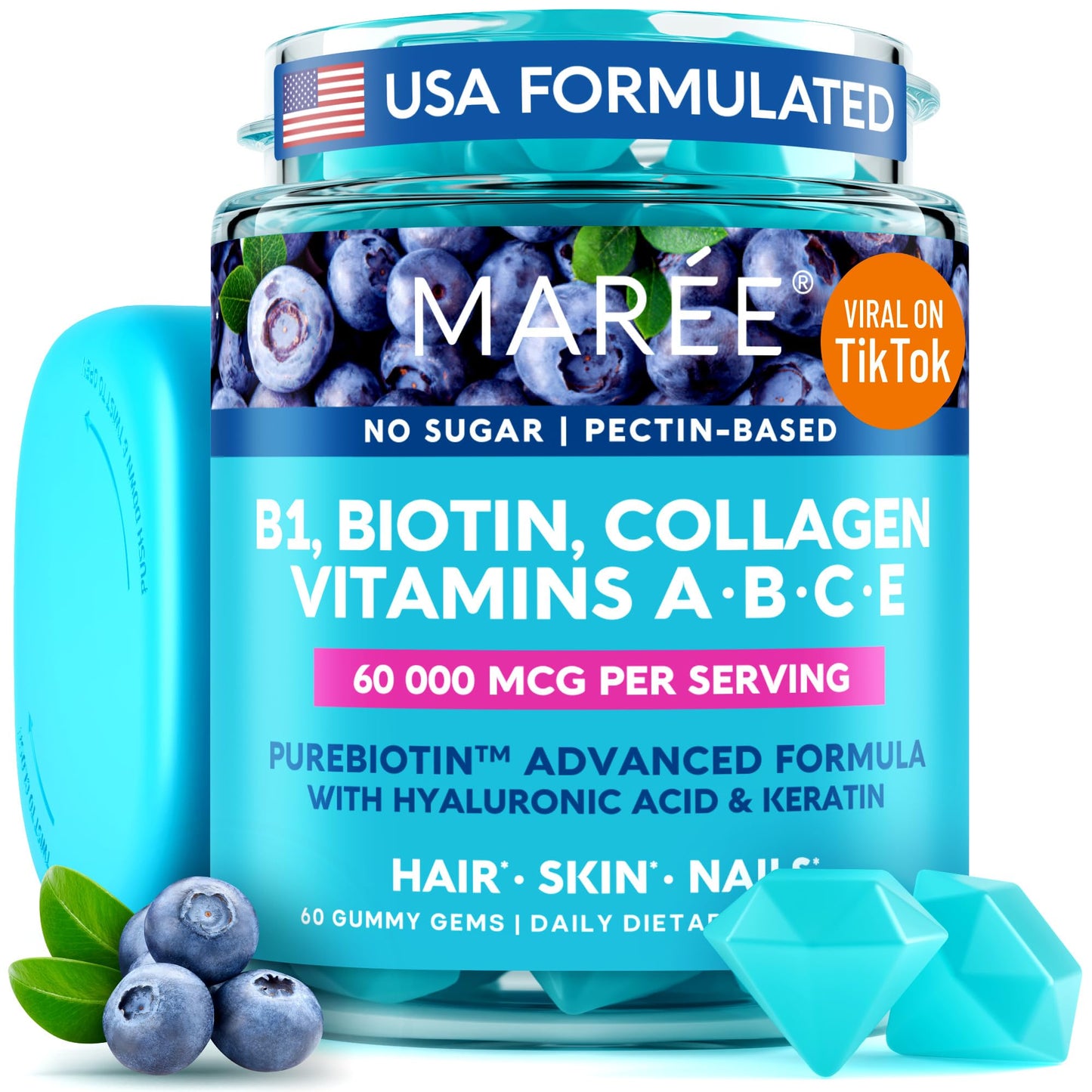 MAREE Vitamin B1 Thiamine & Biotin Gummies - A E D C Vitamins Complex with Keratin, Collagen, Hyaluronic & Pantothenic Acid for Skin, Nails & Hair