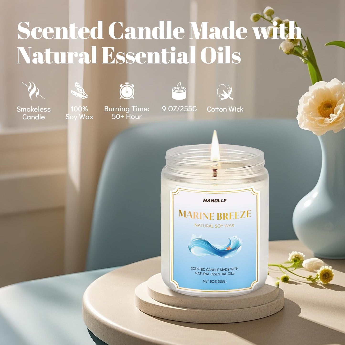 Marine Breeze Candle 9 oz – Scented Soy Candle for Calming Home Ambiance