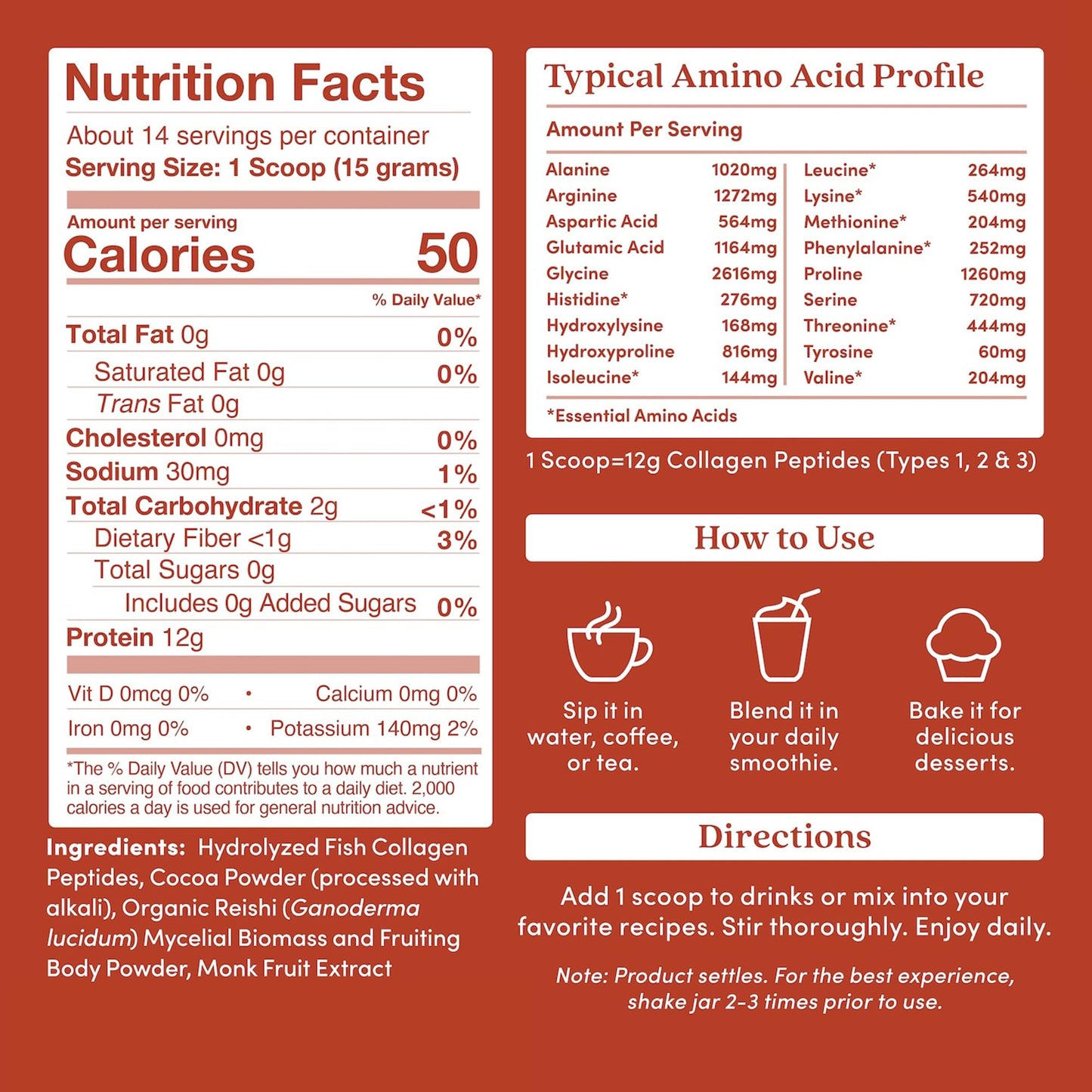 Marine Collagen Peptides Powder with Reishi – Chocolate, Hydrolyzed Type I-III, 7.41 oz