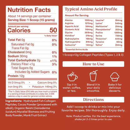 Marine Collagen Peptides Powder with Reishi – Chocolate, Hydrolyzed Type I-III, 7.41 oz