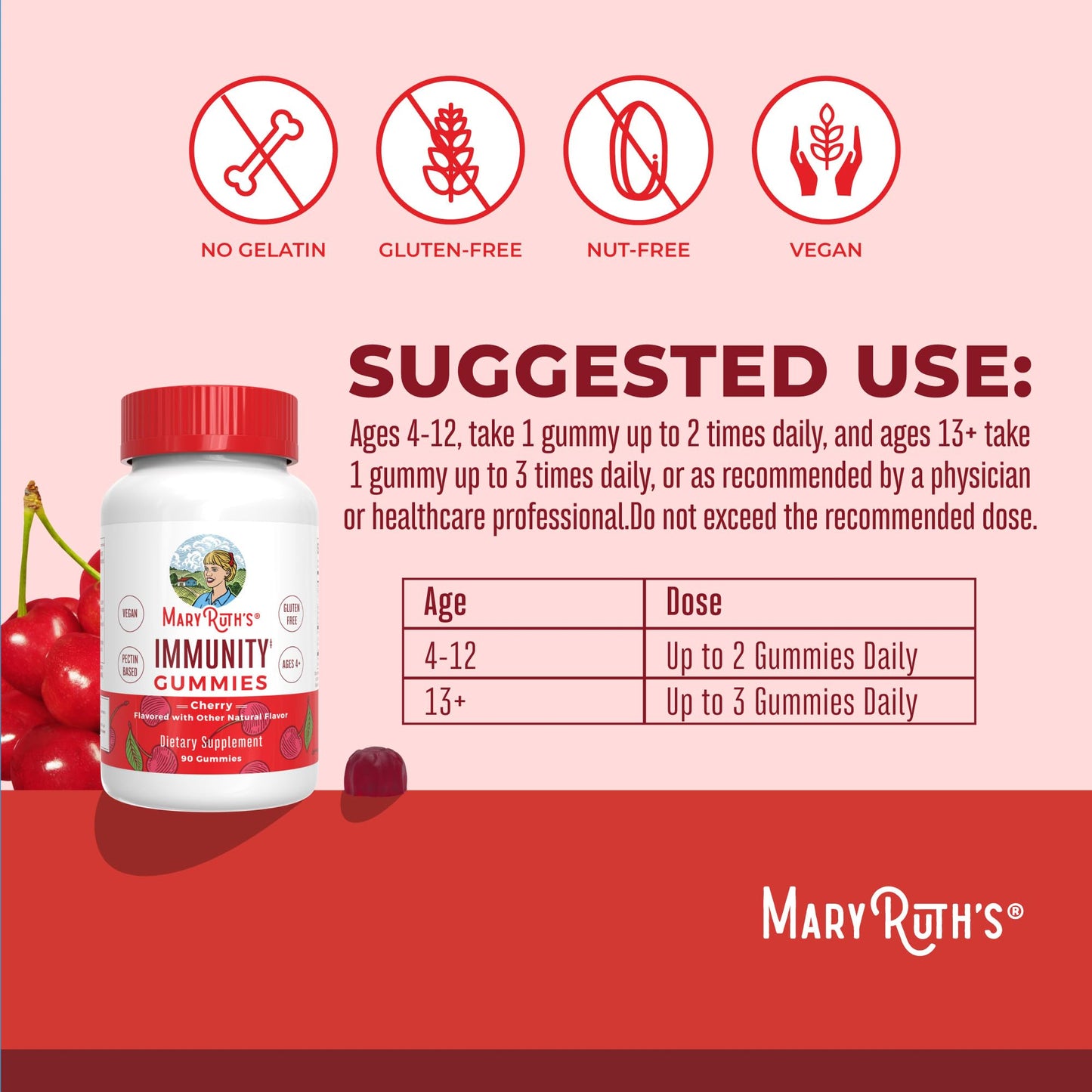 Mary Ruth's 5-1 Immunity Gummies with Elderberry for Kids & Adults – Cherry | Pectin Based | Vegan | 90 Count