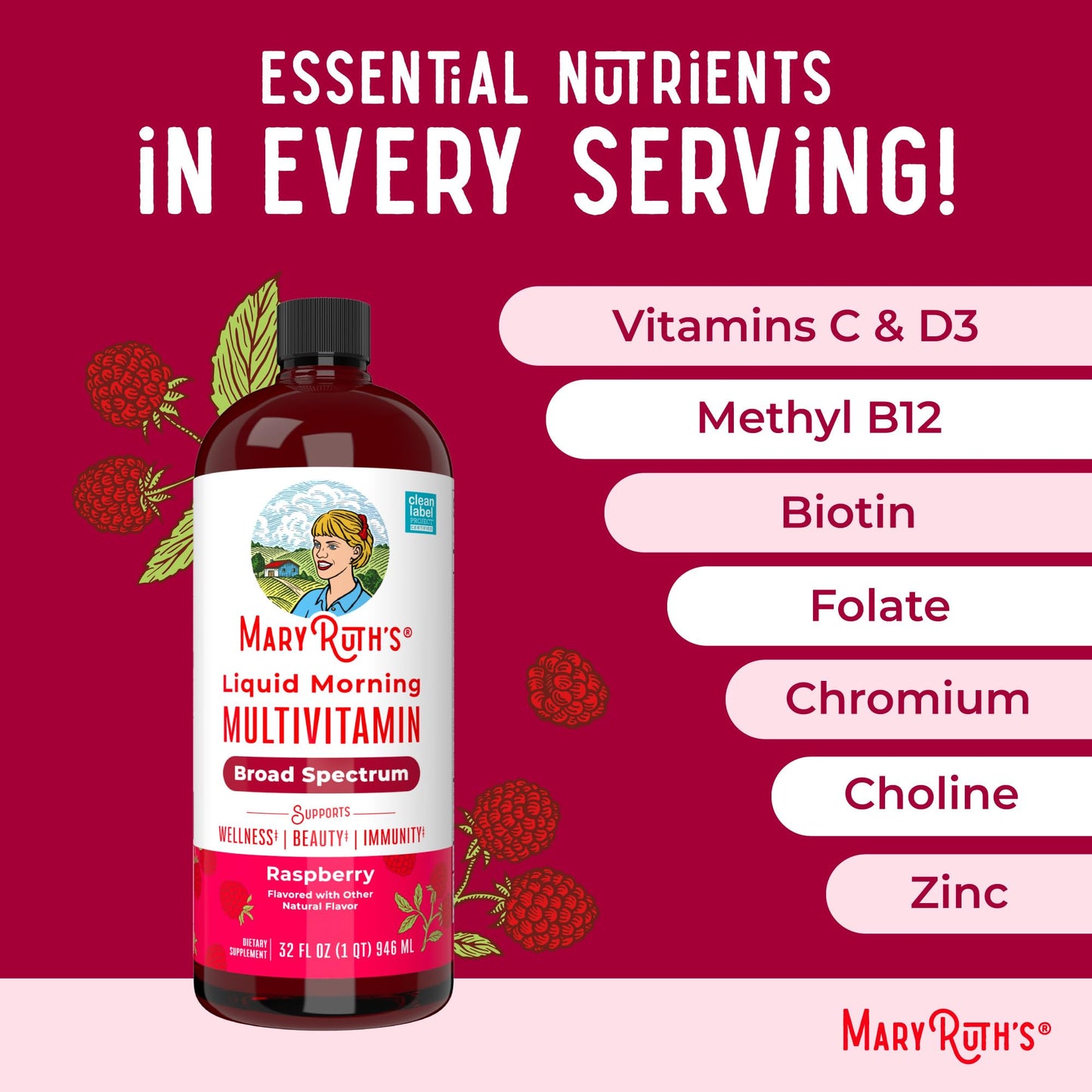 MaryRuth Organics Liquid Morning Multivitamin for Women, Men & Kids — Vegan, Non-GMO, Gluten Free | 32 Servings