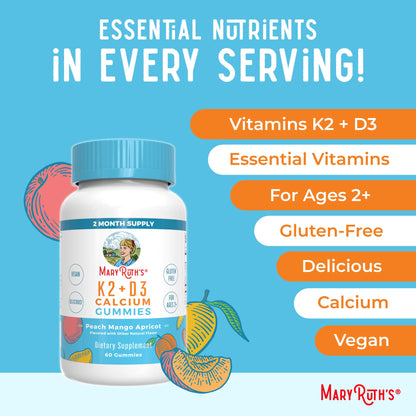 MaryRuth Organics Calcium with D3 & K2 Gummies – 60 Count (2-Month Supply), Vegan, Non-GMO, Gluten Free