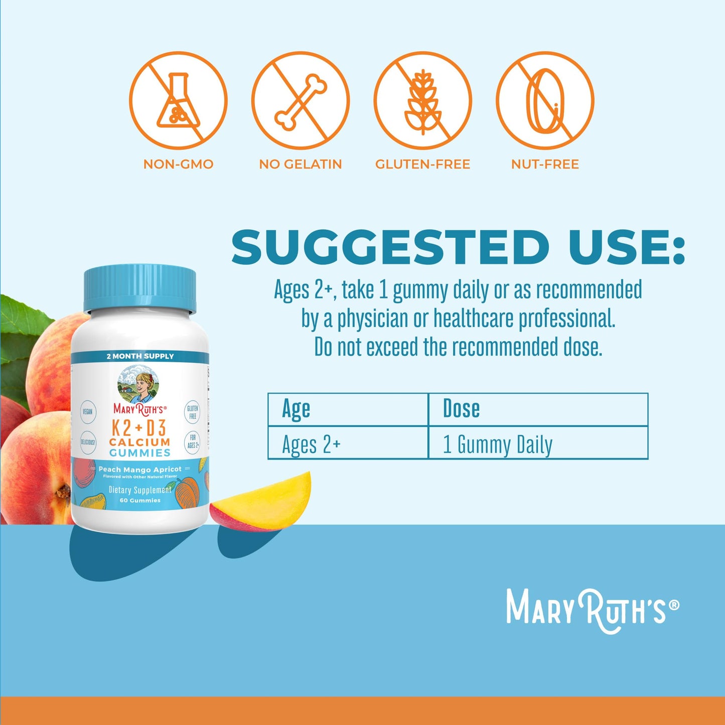 MaryRuth Organics Calcium with D3 & K2 Gummies – 60 Count (2-Month Supply), Vegan, Non-GMO, Gluten Free