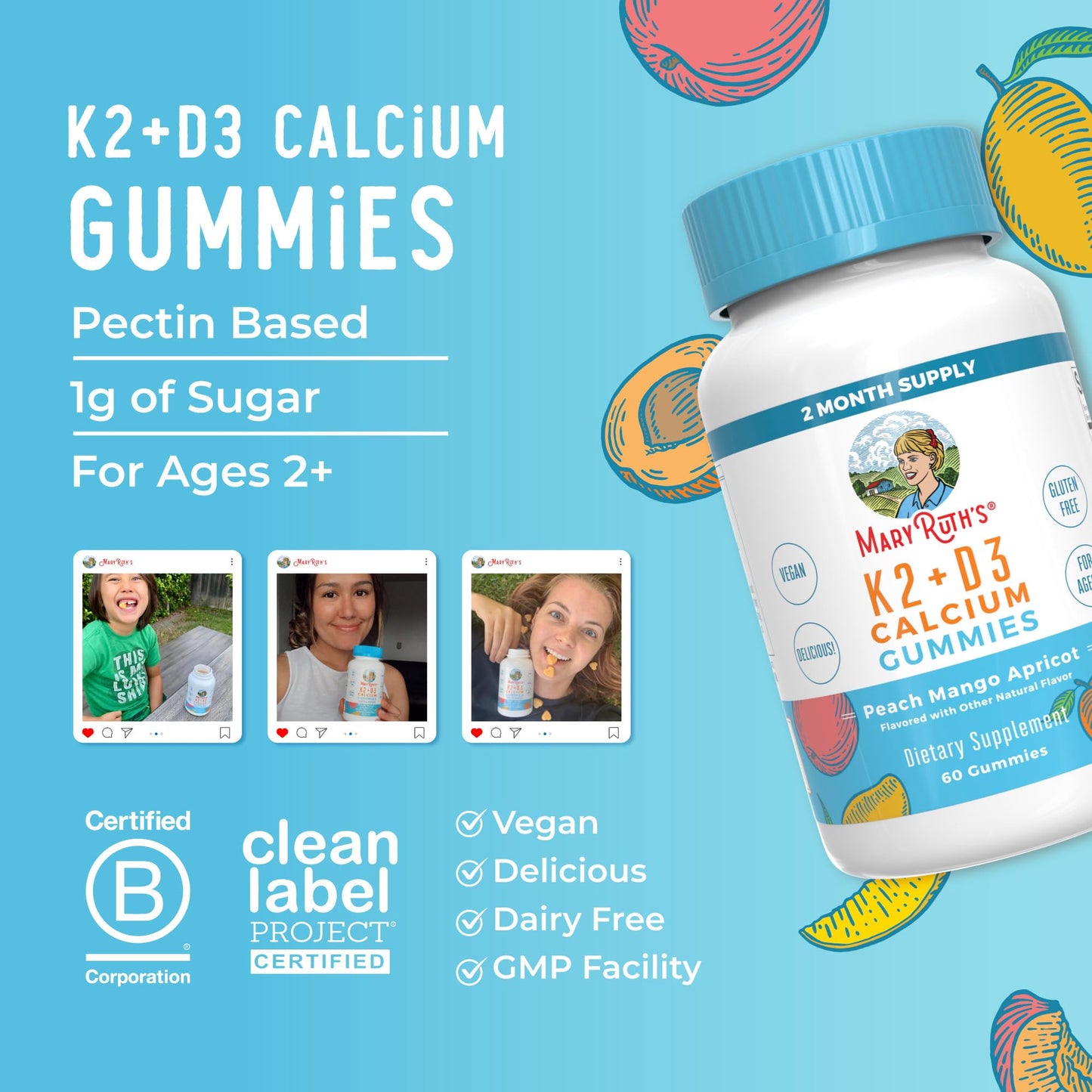 MaryRuth Organics Calcium with D3 & K2 Gummies – 60 Count (2-Month Supply), Vegan, Non-GMO, Gluten Free