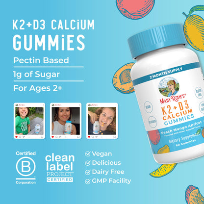 MaryRuth Organics Calcium with D3 & K2 Gummies – 60 Count (2-Month Supply), Vegan, Non-GMO, Gluten Free