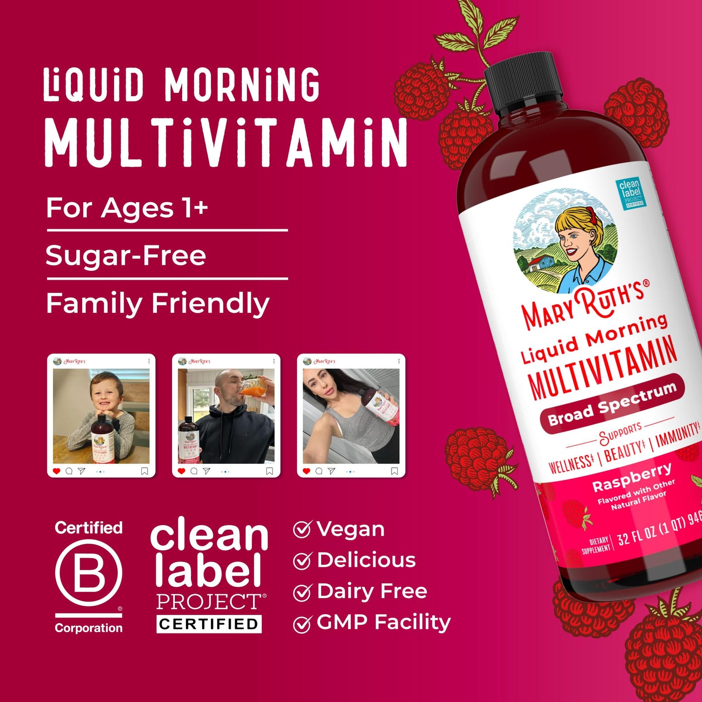 MaryRuth Organics Liquid Morning Multivitamin for Women, Men & Kids — Vegan, Non-GMO, Gluten Free | 32 Servings
