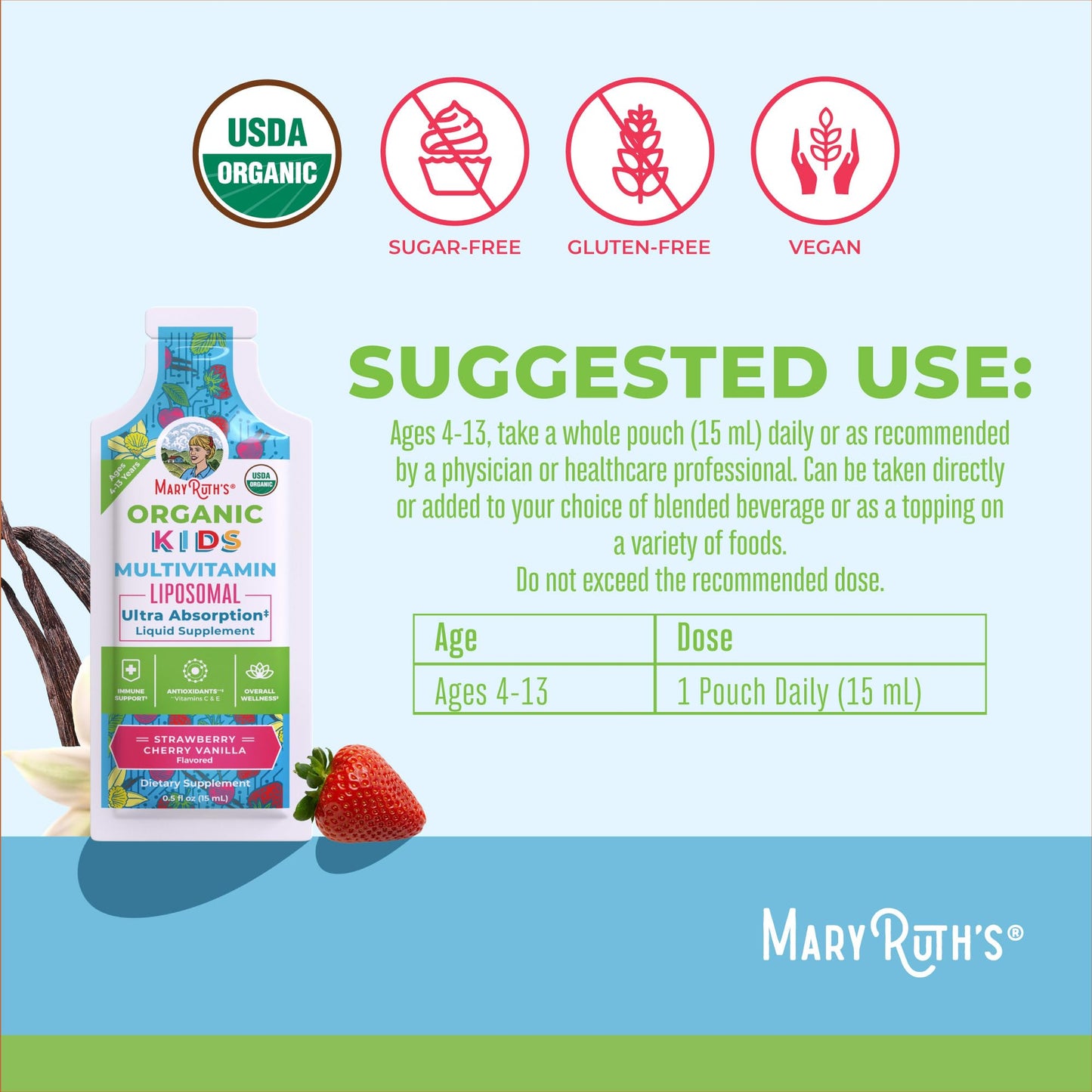 MaryRuth Organics Multivitamin for Kids | Sugar Free | Liquid Vitamins | Immune Support Supplement | Cognitive Health & Overall Wellness | USDA Organic | Vegan | Non-GMO | 14 Servings