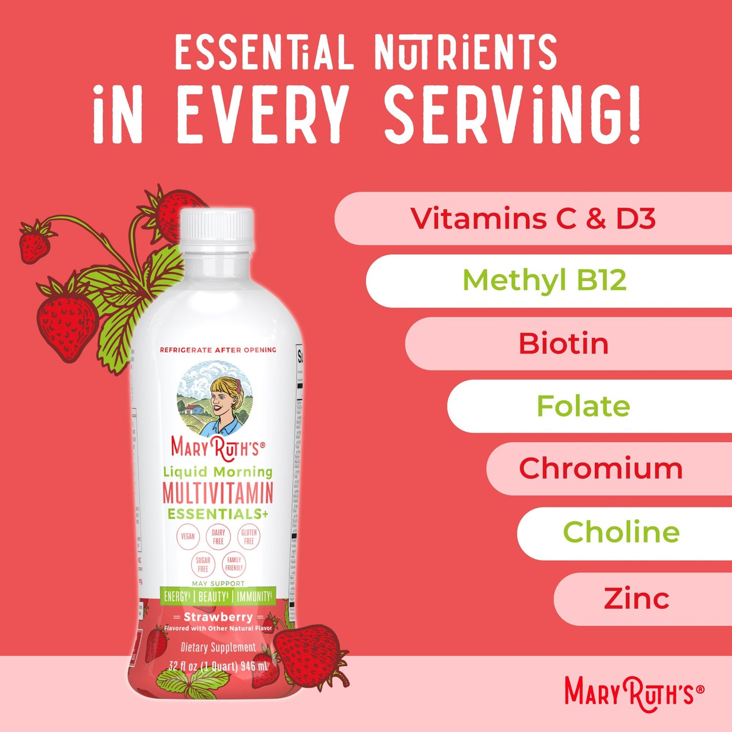MaryRuth Organics Liquid Morning Multivitamin Essentials+ | Immune Support | Sugar Free | Vegan | 32 Fl Oz