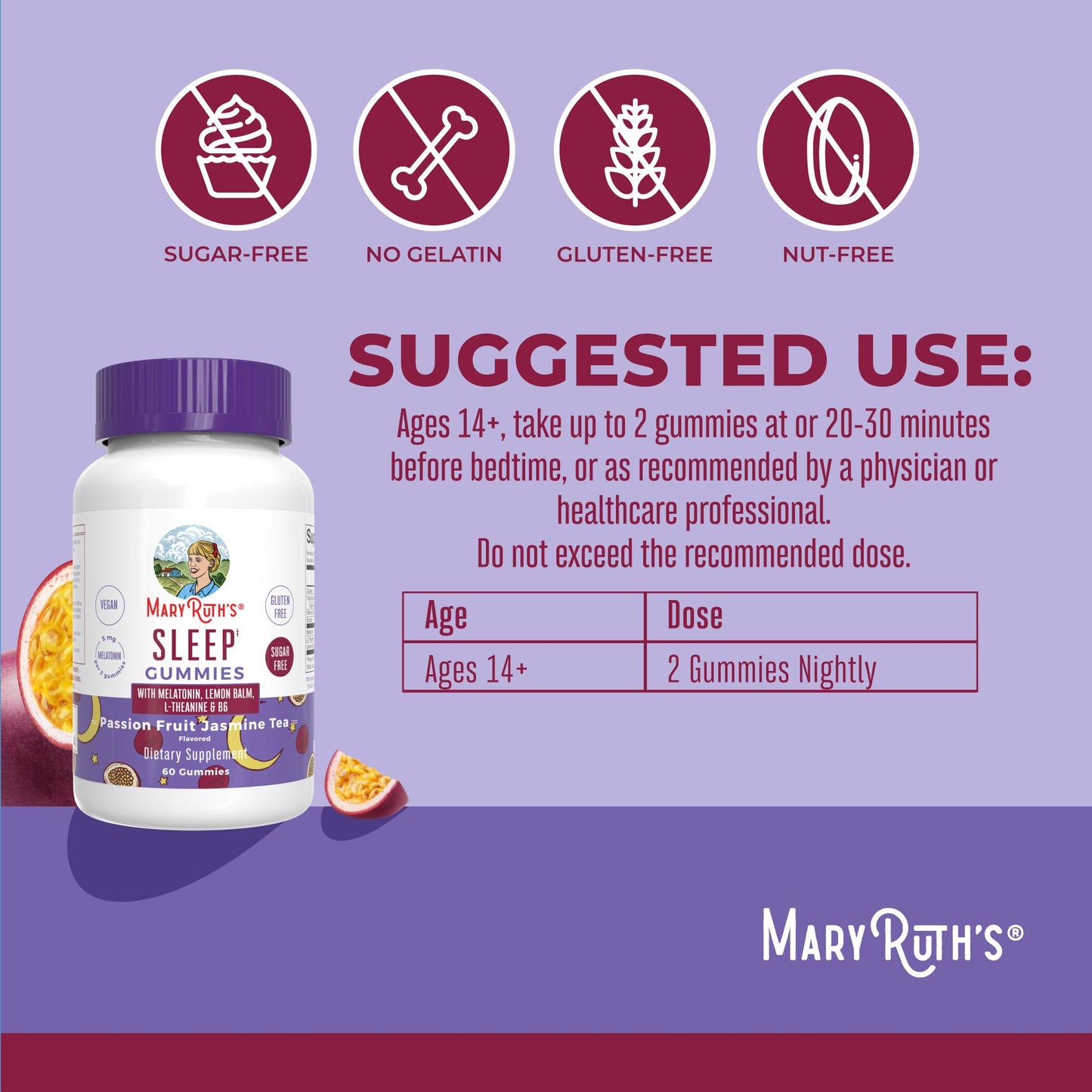 MaryRuth Organics Melatonin 5mg Sleep Gummies with L-Theanine – Lemon Balm, B6, Sugar-Free, Vegan, Non-GMO, Gluten Free | 60 Count
