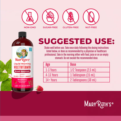 MaryRuth Organics Liquid Morning Multivitamin for Women, Men & Kids — Vegan, Non-GMO, Gluten Free | 32 Servings