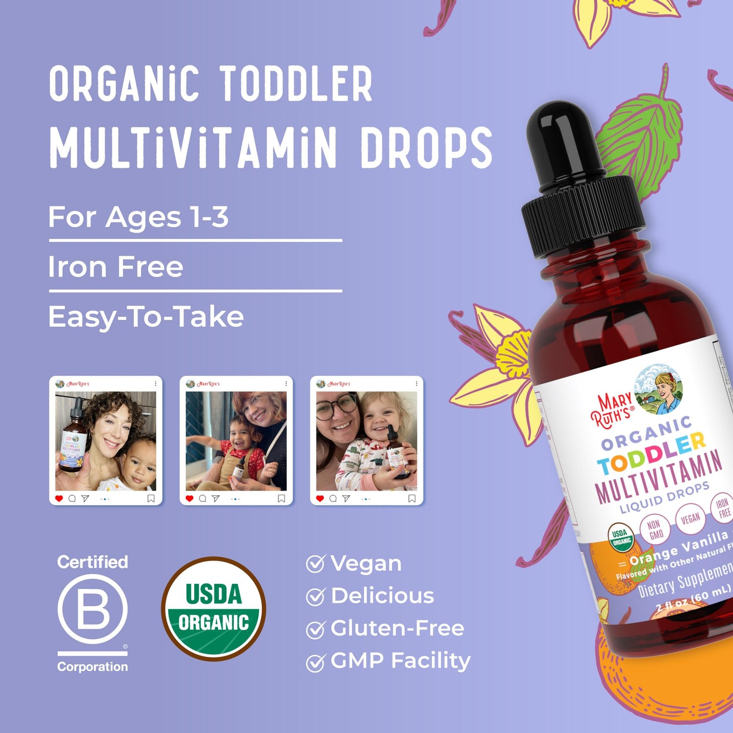 MaryRuth Organics Kids Multivitamin for Toddlers – USDA Organic | Toddler Vitamin Drops 1-3 Years | Vegan, Non-GMO, Gluten Free | 2 Fl Oz