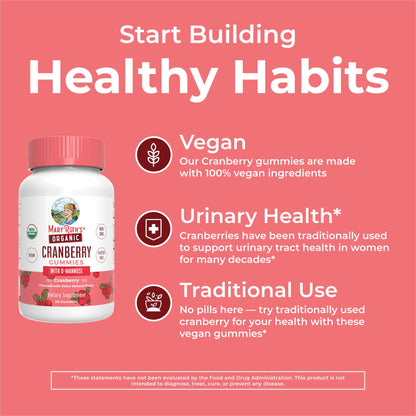 MaryRuth Organics Organic Cranberry Gummies - 500mg Cranberry + D-Mannose for Urinary Health | USDA Organic | Vegan | 30 Servings