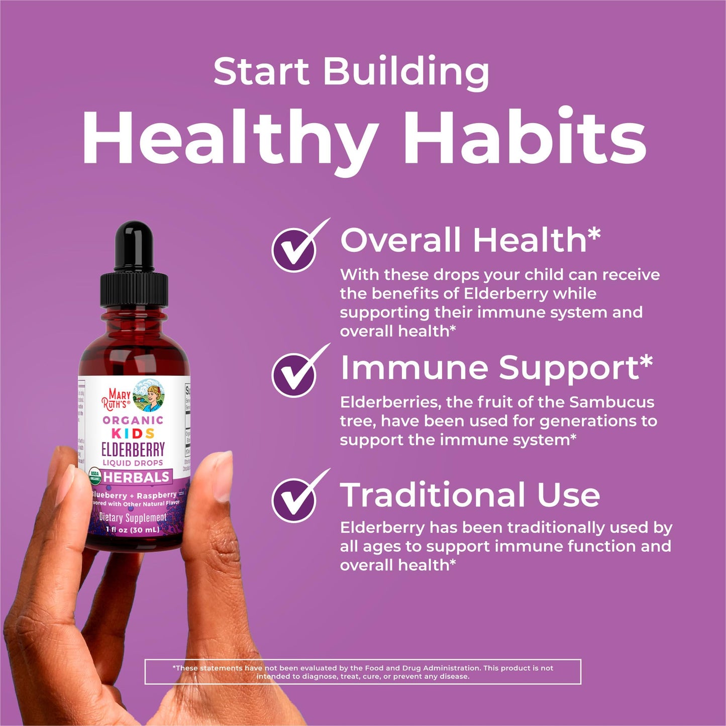 MaryRuth Organics USDA Organic Elderberry Liquid Drops for Kids | Immune Support for Ages 4-13 | 1 oz