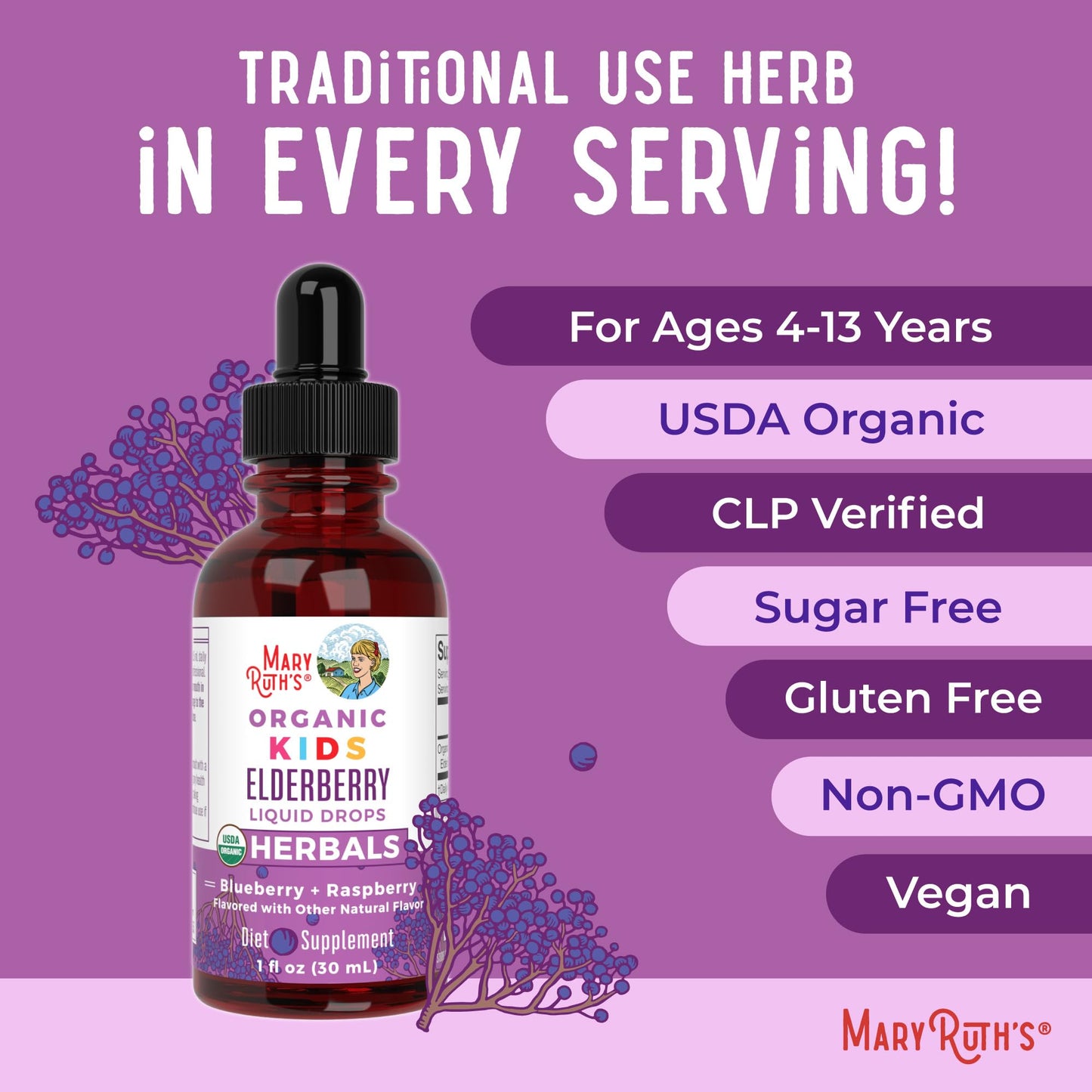 MaryRuth Organics USDA Organic Elderberry Liquid Drops for Kids | Immune Support for Ages 4-13 | 1 oz