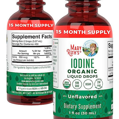 MaryRuth Organics Iodine Liquid Drops | Potassium Iodide, 1oz, 450 Servings, 1-Year Supply | Thyroid Health, USDA Organic, Vegan, Non-GMO, Gluten Free
